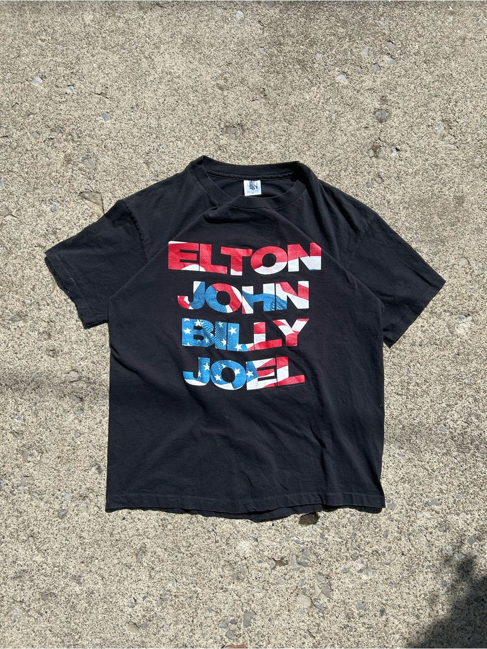 Vintage 1995Elton John Billy Joel Black Graphic Tee with Red, White & Blue Print